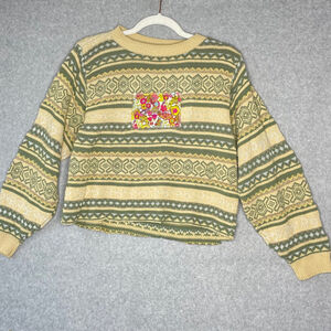 Handmade Upcycled Vintage Crew Neck Sweater Green Yellow Fish Patch